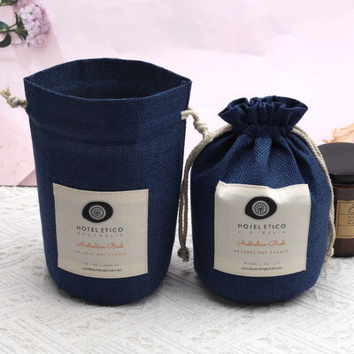 Round Bottom Drawstring Jute Bag Dark Blue Candle Packing Custom LOGO With Label