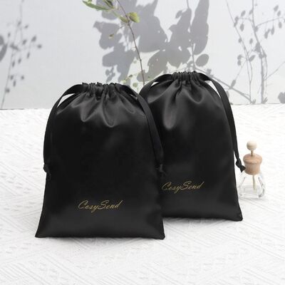 Small Black Drawstring Satin Bag Hair Wig Underwear Packaging Custom Logo Printing
