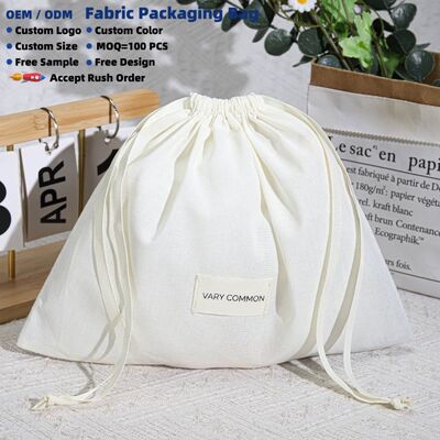Reusable Organic Muslin Cotton Drawstring Dust Bag With Fabric Label Custom Cotton Cosmetic Underwear Storage Drawstring Bag