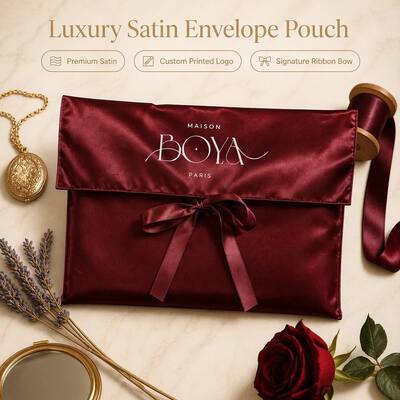 Luxury Burgundy Satin Envelope Gift Pouch For Clothing Wig Book Custom Logo Printed Satin Envelope Packing Bag