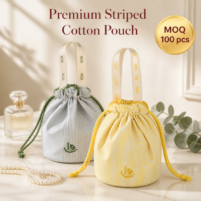 Custom Vertical Striped Cotton Drawstring Dust Bag With Handle Round Bottom Cotton Candle Wine Packing Drawstring Pouch With Embroidery Logo