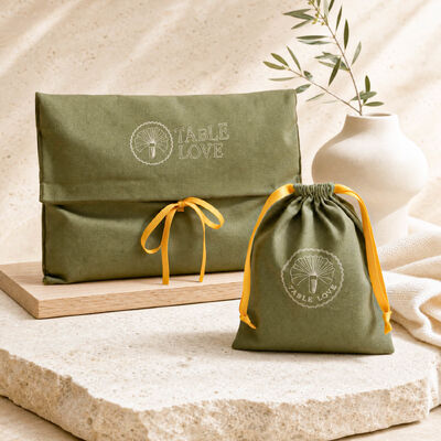 Custom Logo Flap Cover Gift Bag with Ribbon Tie and Matching Drawstring Pouch for Tableware Event Packaging Wholesale OEM