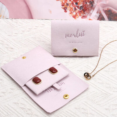 Pink Envelope Microfiber Jewelry Bag 10x8CM with Button Closure Emboss Logo