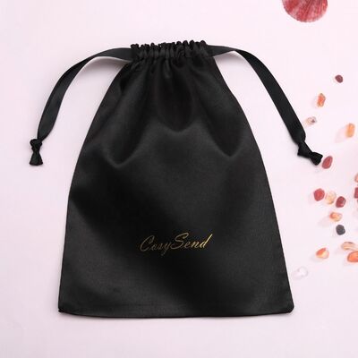 Small Black Drawstring Satin Bag Hair Wig Underwear Packaging Custom Logo Printing