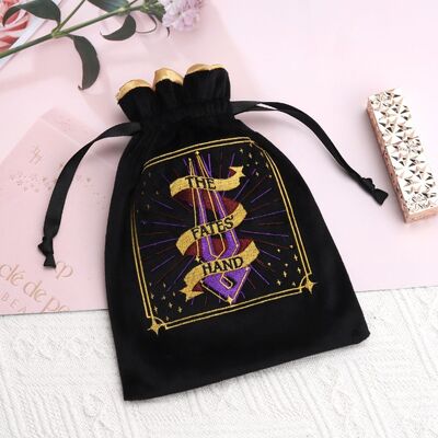 Custom Embroidery Black Velvet Tarot Card Packaging Bag With Satin Drawstring Pouch