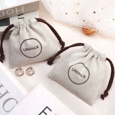 Natural Herringbone Packing Perfume Custom Logo Printed Cotton Twill Drawstring Gift Pouch