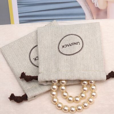 Natural Herringbone Packing Perfume Custom Logo Printed Cotton Twill Drawstring Gift Pouch