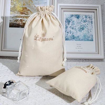Eco Friendly Beige Cotton Linen Drawstring Dust Bag Custom Screen Logo Cotton Linen Drawstring Pouch
