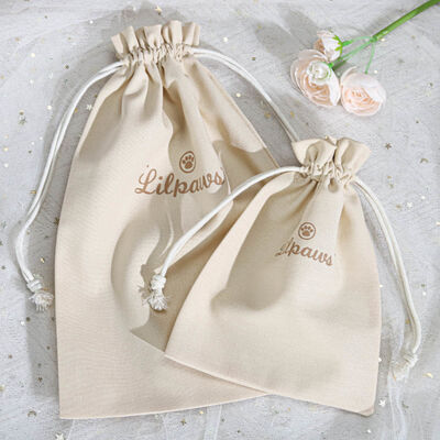 Eco Friendly Beige Cotton Linen Drawstring Dust Bag Custom Screen Logo Cotton Linen Drawstring Pouch