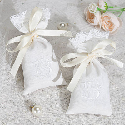 High End Lace Cotton Linen Ribbon Straps Design Gift Pouch Custom Embroidery Logo Cotton Linen Sachet Packaging Bag