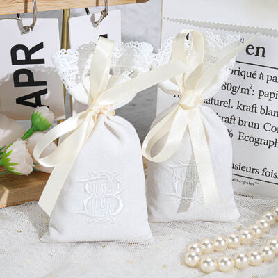 High End Lace Cotton Linen Ribbon Straps Design Gift Pouch Custom Embroidery Logo Cotton Linen Sachet Packaging Bag