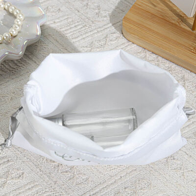 High End White Satin Cosmetic Perfume Packing Pouch Custom Embroidery Logo Satin Drawstring Dust Bag