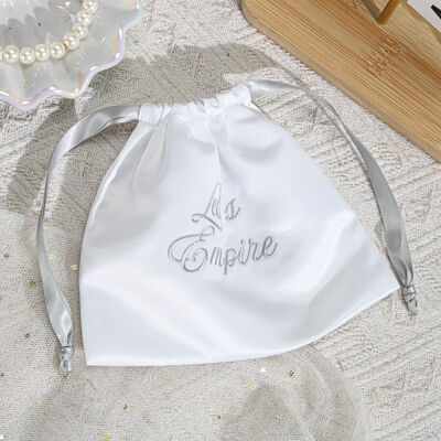 High End White Satin Cosmetic Perfume Packing Pouch Custom Embroidery Logo Satin Drawstring Dust Bag