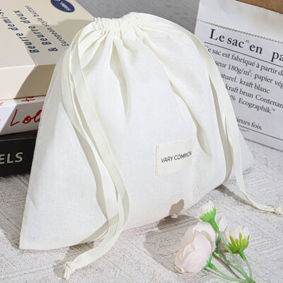 Reusable Organic Muslin Cotton Drawstring Dust Bag With Fabric Label Custom Cotton Cosmetic Underwear Storage Drawstring Bag