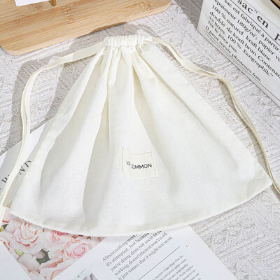 Reusable Organic Muslin Cotton Drawstring Dust Bag With Fabric Label Custom Cotton Cosmetic Underwear Storage Drawstring Bag