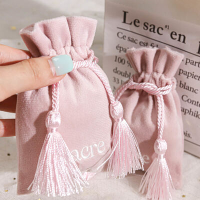 Pink Small Velvet Jewelry Drawstring Bag With Tassel High Qulity Soft Velvet Accessories Packing Drawstring Pouch