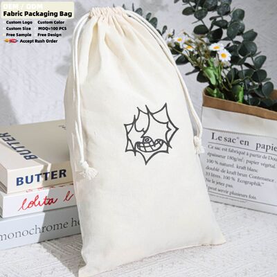 Beige Muslin Cotton Skincare Storage Drawstring Pouch Custom Logo Printing 100% Cotton Drawstring Dust Bag