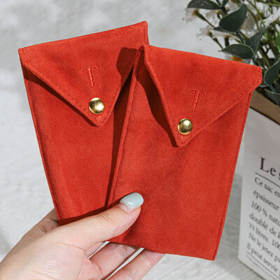 Custom Embroidery Logo Suede Envelope Pouch For Jewelry High End Orange Suede Glasses Brush Envelope Storage Bag With Button