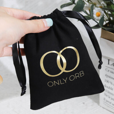 Reusable Black Cotton Twill Jewelry Packing Bag With Logo Custom Design Cotton Drawstring Perfume Pouch