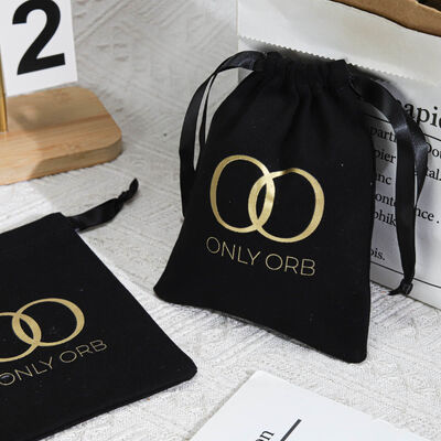 Reusable Black Cotton Twill Jewelry Packing Bag With Logo Custom Design Cotton Drawstring Perfume Pouch