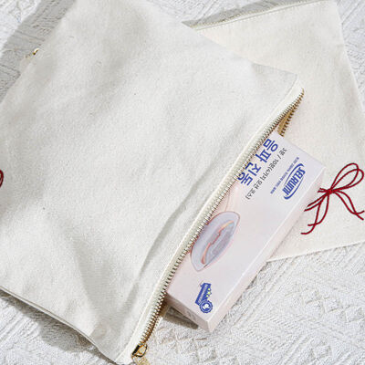 Eco-friendly Natural 8oz Canvas Makeup Zipper Bag Customized Embroidery Logo Brush Cosmetic Storage Zipper Canvas Pouch