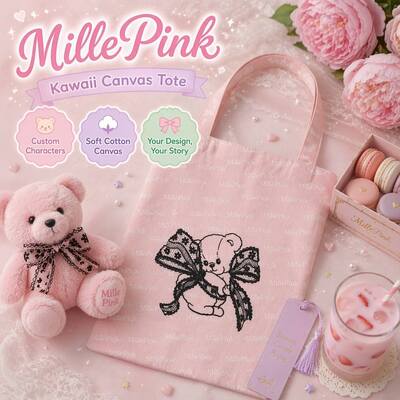 Custom Logo Kawaii Cotton Canvas Tote Bag Cute Character Print Design Reusable Shopping Gift Packaging for Women Wholesale OEM