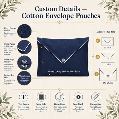 Reusable Cotton Envelope Pouch For Book Scarf Navy Blue Cotton Envelope Gift Packing Bag With Button