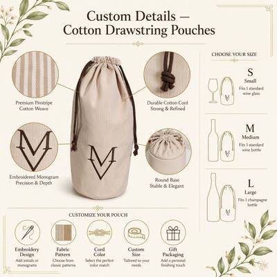 Round Bottom Stripe Cotton Wine Candle Drawstring Packing Bag Custom Embroidery Logo Cotton Drawstring Dust Pouch