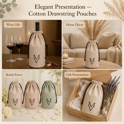 Round Bottom Stripe Cotton Wine Candle Drawstring Packing Bag Custom Embroidery Logo Cotton Drawstring Dust Pouch