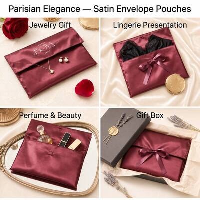 Luxury Burgundy Satin Envelope Gift Pouch For Clothing Wig Book Custom Logo Printed Satin Envelope Packing Bag
