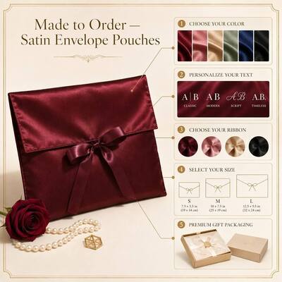 Luxury Burgundy Satin Envelope Gift Pouch For Clothing Wig Book Custom Logo Printed Satin Envelope Packing Bag