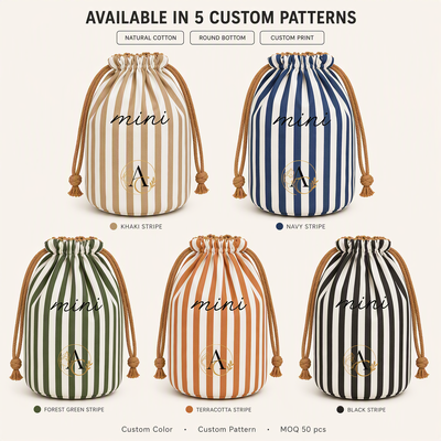 Reusable Striped Cotton Candle Wine Bottle Storage Drawstring Bag Custom Logo Printing Cotton Gift Packing Pouch
