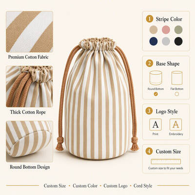 Reusable Striped Cotton Candle Wine Bottle Storage Drawstring Bag Custom Logo Printing Cotton Gift Packing Pouch