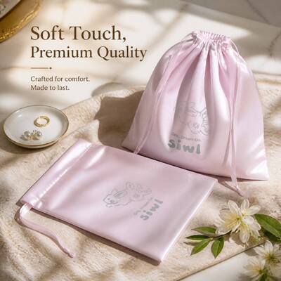 Custom Logo Printed Satin Drawstring Dust Bag For Underwear Cosmetic Pink Satin Drawstring Apparel Storage Pouch