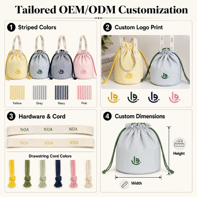 Custom Vertical Striped Cotton Drawstring Dust Bag With Handle Round Bottom Cotton Candle Wine Packing Drawstring Pouch With Embroidery Logo