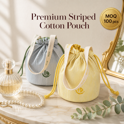 Custom Vertical Striped Cotton Drawstring Dust Bag With Handle Round Bottom Cotton Candle Wine Packing Drawstring Pouch With Embroidery Logo
