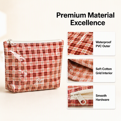 Waterproof Pvc Cosmetic Zipper Pouch With Cotton Lining Custom Embroidery Logo Plaid Cotton Makeup Zipper Bag