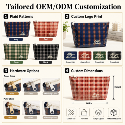 Waterproof Pvc Cosmetic Zipper Pouch With Cotton Lining Custom Embroidery Logo Plaid Cotton Makeup Zipper Bag