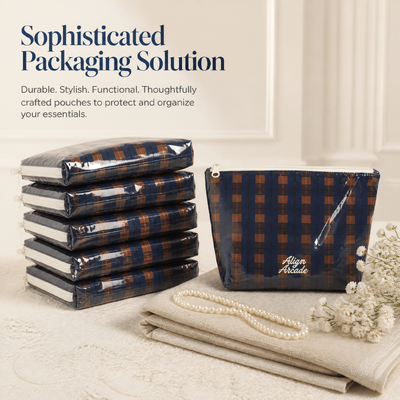 Waterproof Pvc Cosmetic Zipper Pouch With Cotton Lining Custom Embroidery Logo Plaid Cotton Makeup Zipper Bag