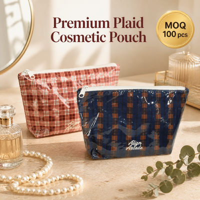 Waterproof Pvc Cosmetic Zipper Pouch With Cotton Lining Custom Embroidery Logo Plaid Cotton Makeup Zipper Bag