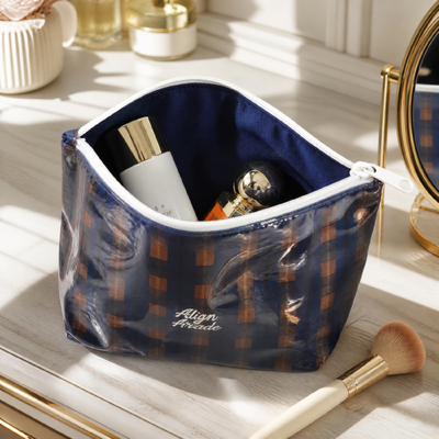 Waterproof Pvc Cosmetic Zipper Pouch With Cotton Lining Custom Embroidery Logo Plaid Cotton Makeup Zipper Bag