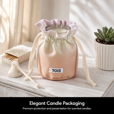 Round Bottom Polyester Candle Packing Bag With Fabric Label Custom Logo Printing Polyester Drawstring Gift Pouch