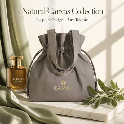Reusable Gray Cotton Canvas Drawstring Cosmetic Bag With Logo Personalized Canvas Skincare Perfume Drawstring Handle Pouch