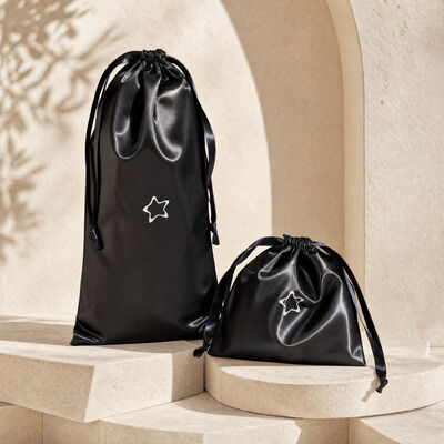 Elegant Custom Satin Drawstring Bag for Cosmetic Perfume High End Black Satin Shoe Umbrella Drawstring Dust Pouch with logo
