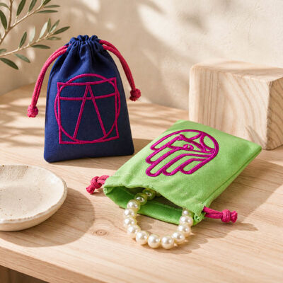Custom Embroidered Canvas Drawstring Pouch Colorful Jewelry Gift Bag With Contrast Cord Reusable Packaging