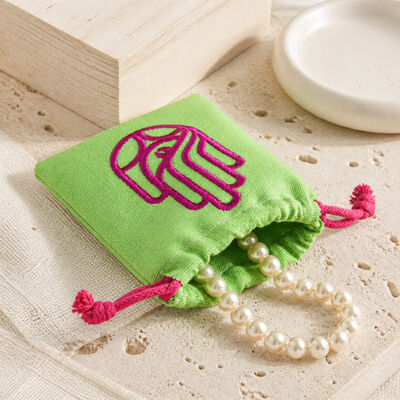 Custom Embroidered Canvas Drawstring Pouch Colorful Jewelry Gift Bag With Contrast Cord Reusable Packaging