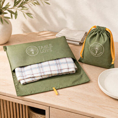 Custom Logo Flap Cover Gift Bag with Ribbon Tie and Matching Drawstring Pouch for Tableware Event Packaging Wholesale OEM