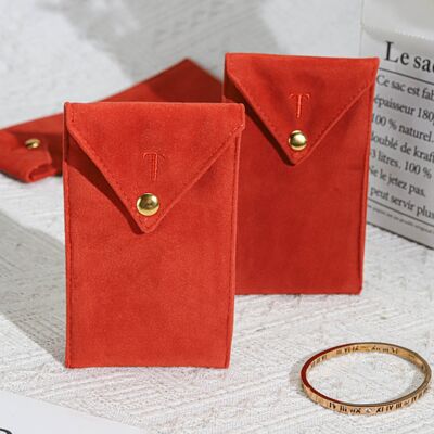 Custom Embroidery Logo Suede Envelope Pouch For Jewelry High End Orange Suede Glasses Brush Envelope Storage Bag With Button