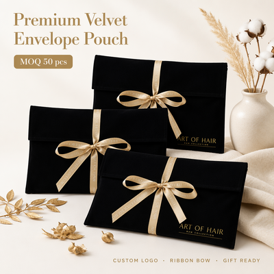 Custom Logo Printed Suede Envelope Gift Packaging Pouch Luxury Black Velvet Clothing Book Hair Extension Storage Flap Bag