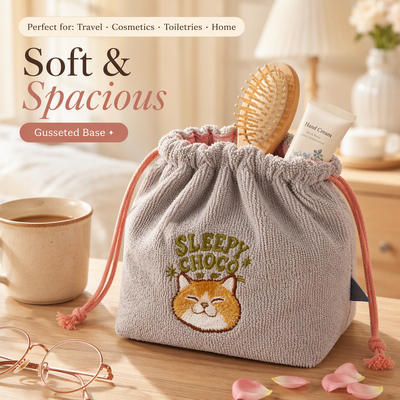Customized Thick Terry Packaging Drawstring Pouch With Embroidery Logo Gray Square Bottom Terry Drawstring Makeup Bag
